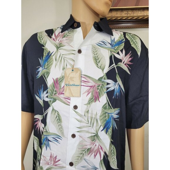 Caribbean Mens Shirt Size L Black Floral Graphic Hawaiian Short Sleeve NWT (37) - Picture 2 of 10